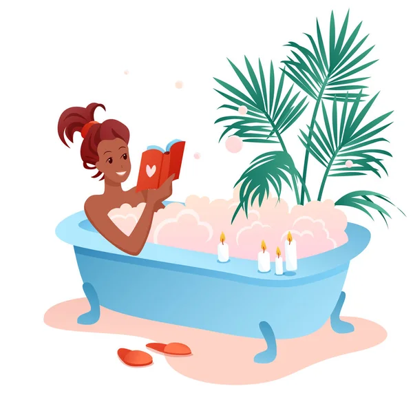 Disfrute de la ilustración de vectores planos de tiempo de baño, personaje de la mujer africana joven de dibujos animados disfrutando relajante baño de espuma de burbuja aislado en blanco — Archivo Imágenes Vectoriales