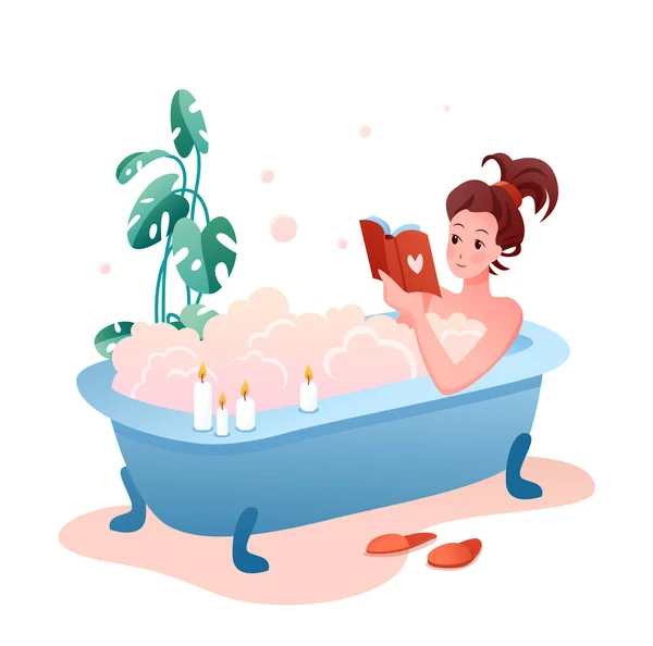 Bath time home spa płaskie pojęcie wektor ilustracja, kreskówka ładna młoda kobieta charakter o relaksujący bąbelkowy kąpiel piankowa izolowane na białym — Wektor stockowy