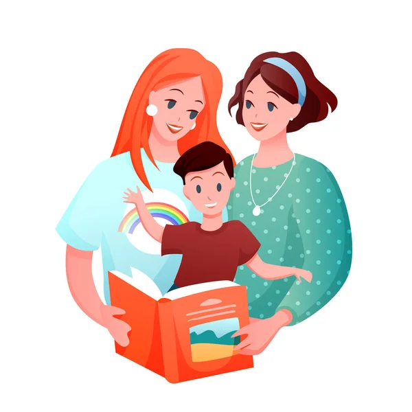 Lesbian family vector illustration, cartoon flat happy parents with kid reading book together, LGBT cute loving characters hugging isolated on white — Stock Vector