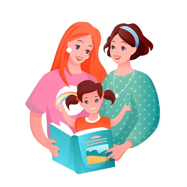 Famiglia lesbica con bambino vettoriale illustrazione, cartone animato piatto felice donna amorevole genitori personaggi e ragazza bambino lettura libro insieme — Vettoriale Stock