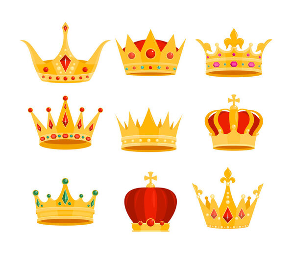 Golden crown vector illustration set, cartoon flat gold royal medieval collection of monarchy symbols, crown on head isolated on white — Stock Vector