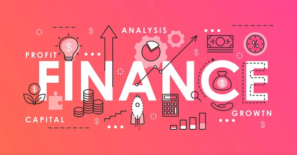 Palabra de finanzas abstracta ilustración vectorial de línea delgada, banner de página web de infografía plana con símbolos de análisis financiero para la empresa de negocios — Vector de stock