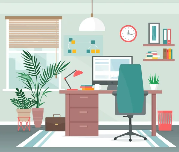 Casa escritório local de trabalho vetor ilustração, desenho animado apartamento apartamento interior com computador na mesa para trabalho à distância freelance —  Vetores de Stock