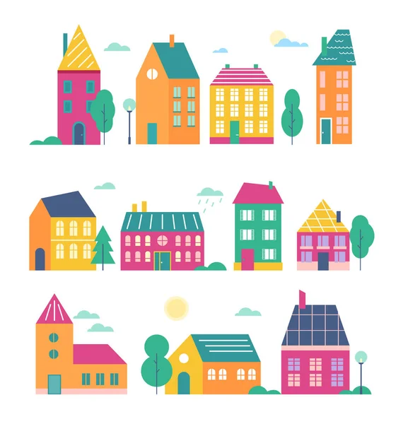 Conjunto de ilustración de vectores de casas de pueblo, dibujos animados planos lindos edificios urbanos variedad colección de casas adosadas modernas y retro o fachadas de casa de campo — Vector de stock