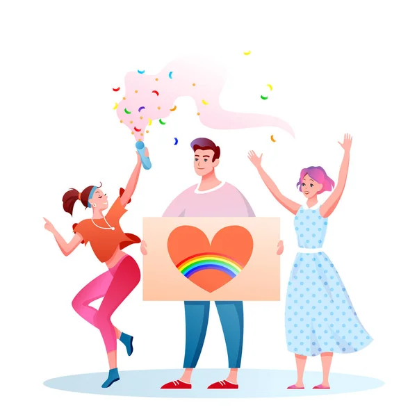 LGBT pýcha průvod vektorové ilustrace, kreslené ploché šťastný homosexuální transsexuálové lidé s LGBT duhovou vlajkou bavit na festivalové přehlídce — Stockový vektor