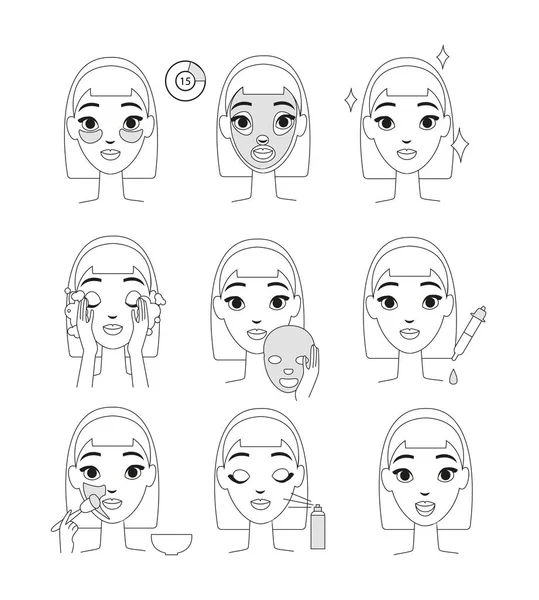 La ilustración vectorial de la instrucción, como usar la máscara cosmética. Mujer joven haciendo procedimientos de belleza conjunto, aislados de estilo de línea sobre fondo blanco. — Archivo Imágenes Vectoriales