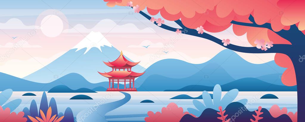 Chinese landscape vector illustration, cartoon asian traditional temple, pavilion or house with oriental pagoda in rural China, travel to Asia background