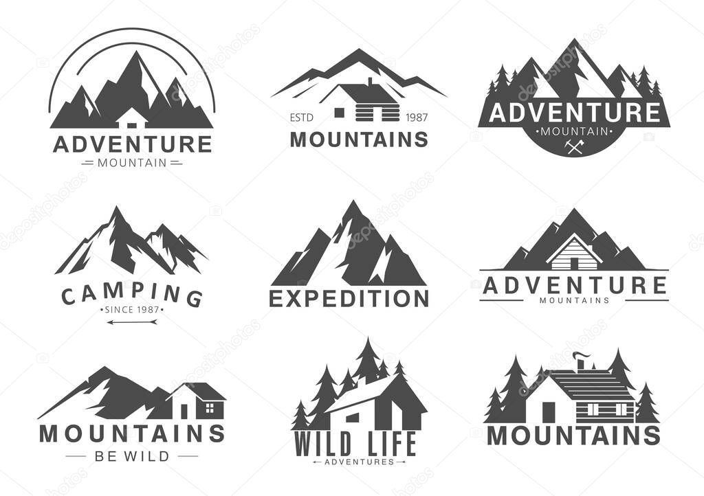 Mountain logo flat vector illustration set, design element sign logo stamp collection of outdoor tourism adventure, life in wilderness