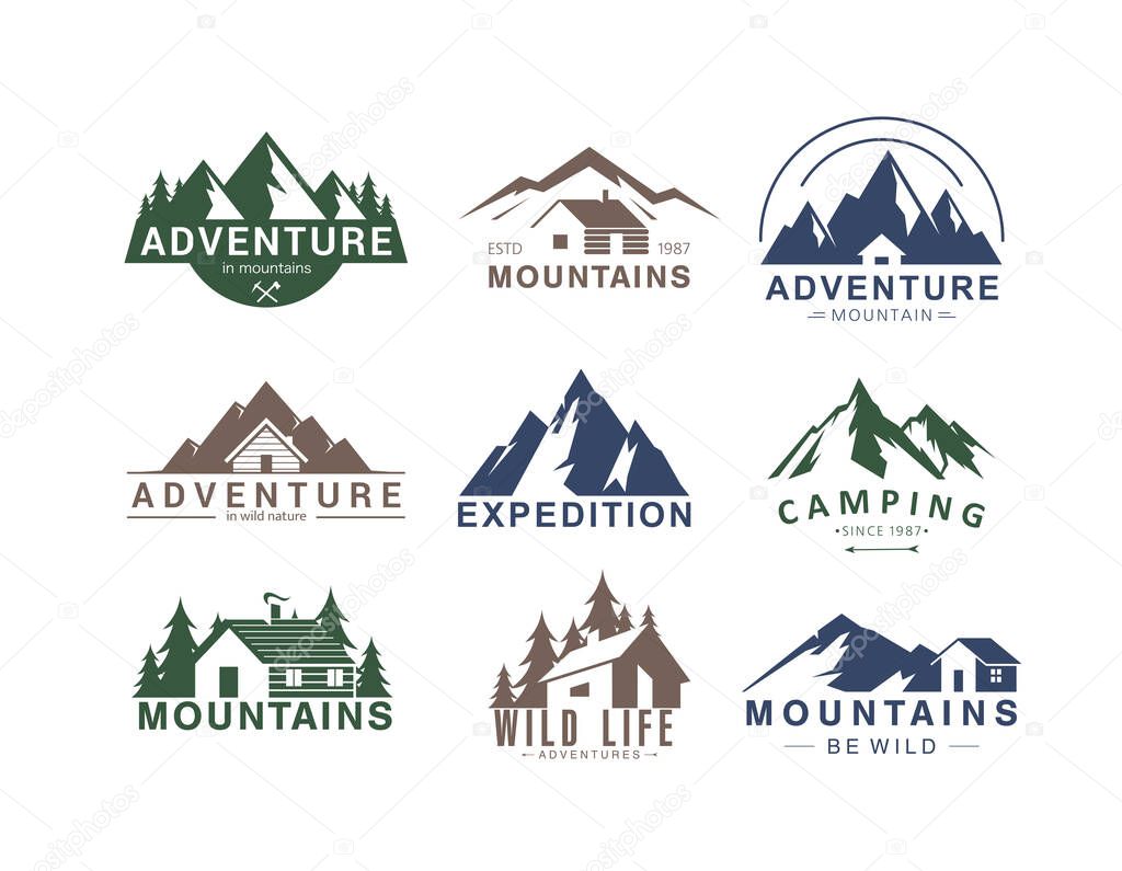 Mountain logo flat vector illustration set. Design element sign logo stamp collection of rocky mountain top peaks, camping outdoor adventure expedition in mountainous landscape, camp life in wild