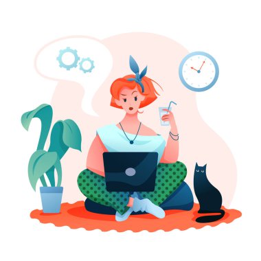 Serbest çalışma düz vektör çizimi, karikatür güzel genç kadın karakter rahat bir evde çalışıyor, beyaz üzerinde izole edilmiş.