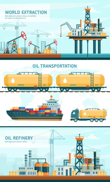 Tecnologia dell'industria petrolifera illustrazioni vettoriali piatte, presentazione infografica dei cartoni animati con estrazione, trasporto, impianti di raffineria — Vettoriale Stock