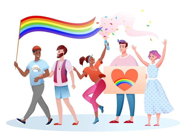 LGBT trots parade vector illustratie, cartoon platte gelukkig homoseksuele en transgender mensen nemen deel aan LGBT festival parade — Stockvector