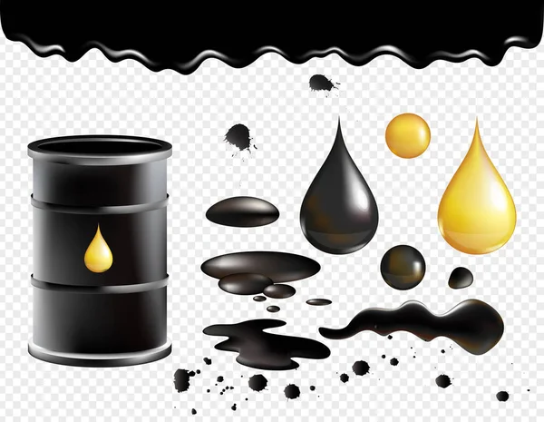 石油符号矢量插画集，油黑色现实光泽滴液，黑色金属桶装有金滴物体 — 图库矢量图片