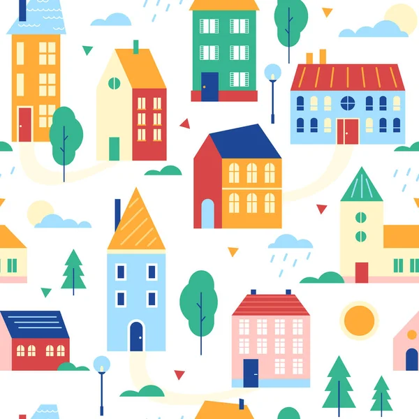 Casas sem costura padrão vetor ilustração, desenho animado plana bonito urbano suburbano tradicional paisagem urbana com edifícios coloridos, pequenas casas — Vetor de Stock