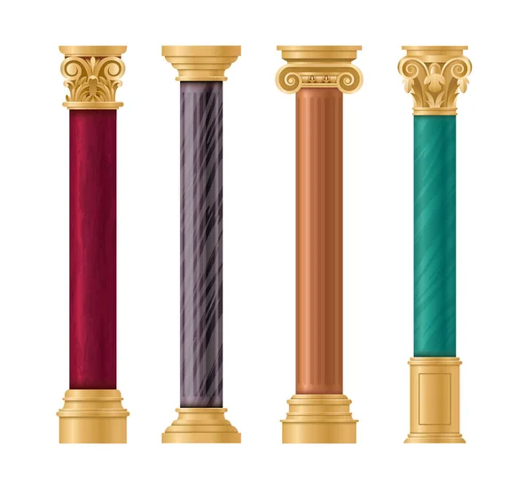 Piliers vectoriel illustration ensemble, dessin animé plat colonnes de marbre classiques avec des décorations piliers d'or, dans différents styles et couleurs isolées sur blanc — Image vectorielle