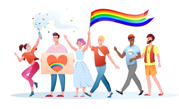 LGBT trots parade vector illustratie, cartoon platte gelukkig homo 's lesbiennes personages houden LGBT regenboog vlag op festival voor tolerantie en liefde — Stockvector