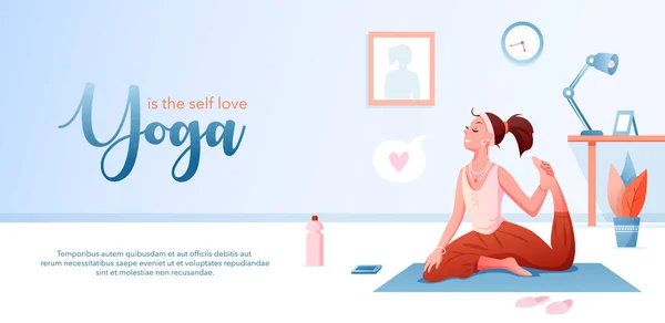 Yoga es autoamor concepto plano vector ilustración, landing page diseño plantilla con dibujos animados chica feliz personaje haciendo yoga saludable asana poses — Vector de stock