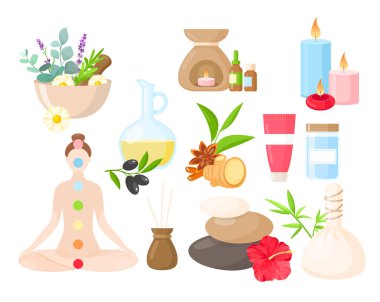 Ayurveda tıp karikatür seti, ayurvedic koleksiyonu vücut bakımı malzemeleri, doğal otlar, çiçekler.