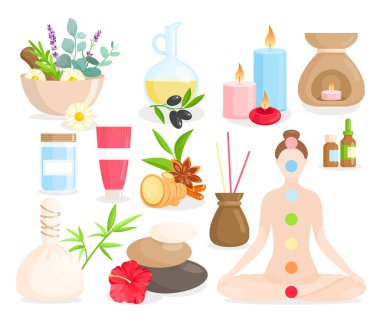 Ayurveda tıp karikatür seti, ayurvedic koleksiyonu vücut bakımı malzemeleri, doğal otlar, çiçekler..