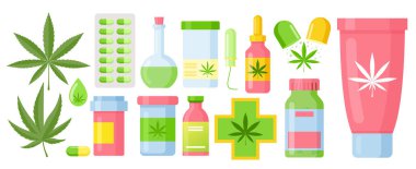 Kenevir yağı şişesi, kenevir özü özütü ve yapraklı marihuana seti.