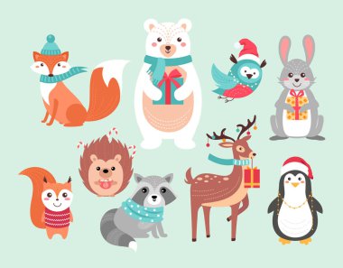 Noel sevimli orman hayvanları vektör çizimi seti. Komik orman xmas hayvan karakterleri hediyeler ve sıcak içecek kupası, eşarp ve kırmızı Noel Baba şapkası takan, Noel Baba eli çizilmiş arka plan