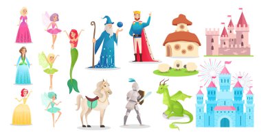 Masal karakteri seti, çizgi film prensesi, kılıçlı prens, taç giymiş kral, ortaçağ kalesi.