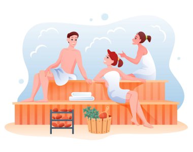 İnsanlar saunada rahatlar, çizgi filmlerde mutlu erkek kadın karakterler tahta bankta oturur ve dinlenir.