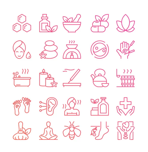 Ayurveda tunna linje ikoner set, kontur vektor illustration, symboler för hälsosam alternativ medicin — Stock vektor