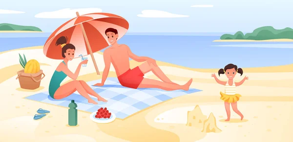 Familia feliz en vacaciones de playa de mar, turistas vacacionistas planos de dibujos animados disfrutar de la hora de verano en la playa — Vector de stock