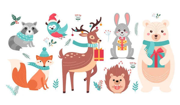 Christmas cute woodland animals set, forest xmas characters — Stock Vector