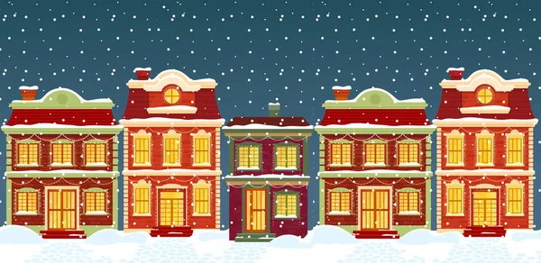 Vánoční domy v karikatuře zimní město ulice pod sněhem — Stockový vektor