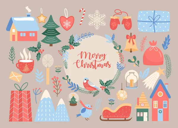 Merry Christmas, cute Xmas traditional decoration set — Stock Vector