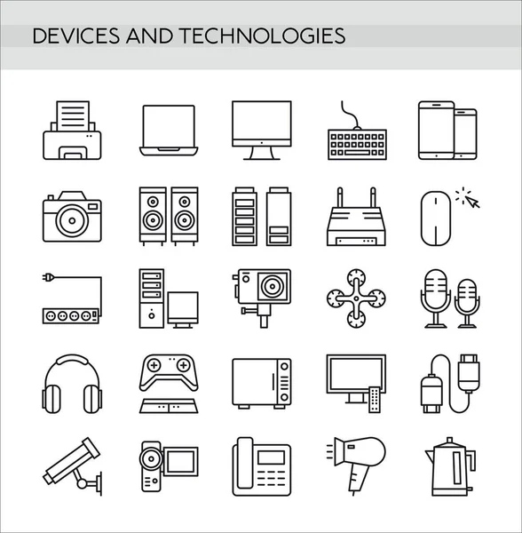 Ícones de dispositivos definidos em estilo de linha fina isolado no fundo branco. Coleção de ícones de tecnologia digital moderna. — Vetor de Stock