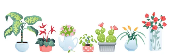 Huis planten voor thuis tuin vector illustratie set, cartoon platte kamerplant potten collectie met natuurlijke bloempotten geïsoleerd op wit — Stockvector