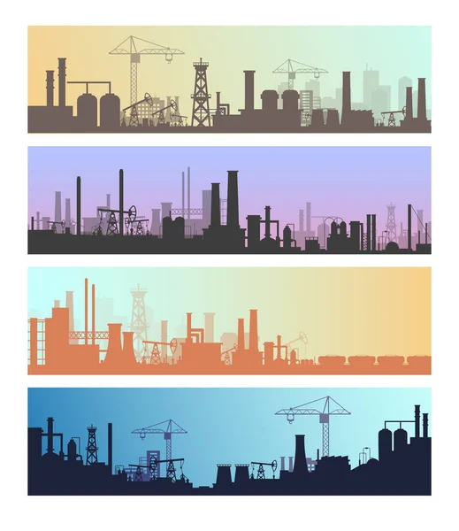 Fabricação paisagens industriais ilustrações vetoriais, desenhos animados plana refinaria urbana panorama skyline set, silhuetas da indústria de refinaria de petróleo — Vetor de Stock