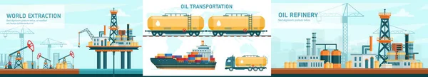 Teknologi industri gas minyak Ilustrasi vektor datar dengan ekstraksi mentah lepas pantai, transportasi, produksi industri kilang - Stok Vektor