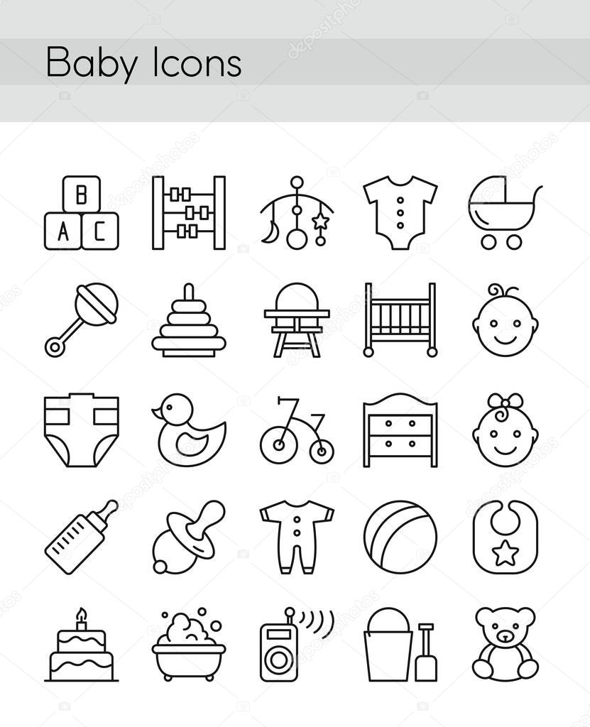 Vector illustration set of baby icons in thin line style. Web icons for social media, collection of infographic elements, motherhood and baby,