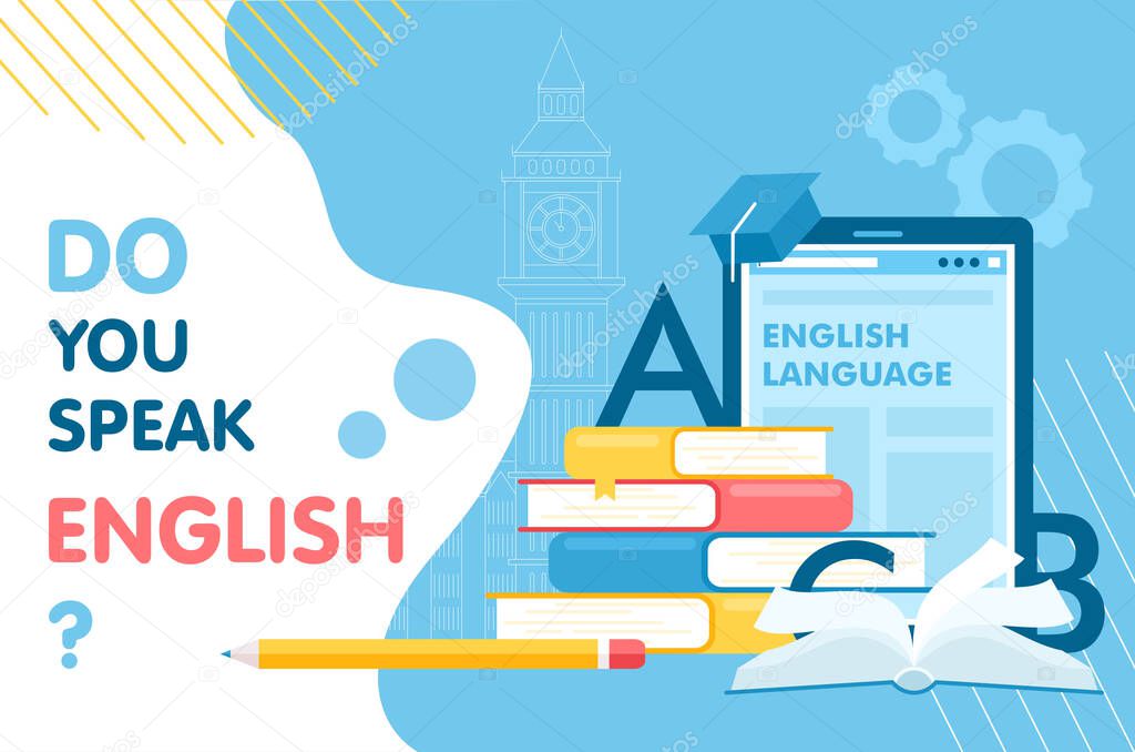 Learn English thin line vector illustration for website interface design, books for student learning language, school infographic education concept