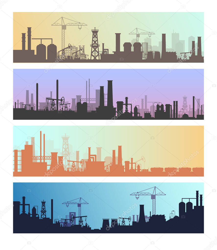Manufacture industrial landscapes vector illustrations, cartoon flat urban refinery panorama skyline set, oil refinery industry silhouettes