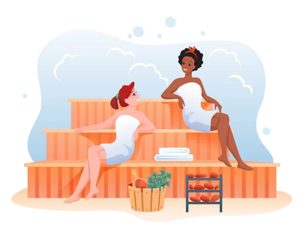 Chicas baño en la sauna, dibujos animados jóvenes hermosos personajes femeninos felices bañándose en la sauna pública — Archivo Imágenes Vectoriales