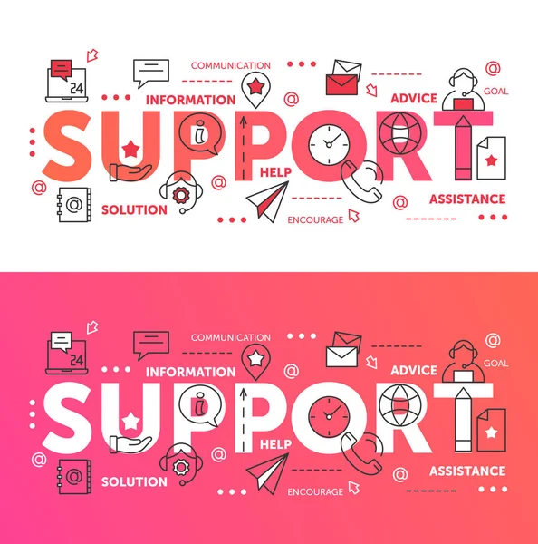 Set di parole di supporto, linea sottile disegno web astratto per call center assistenza tecnica online e assistenza — Vettoriale Stock