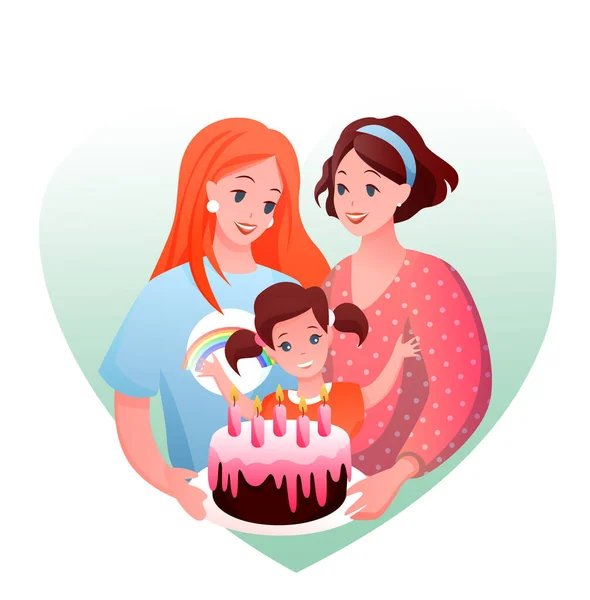 Lesbianas familia celebración vector ilustración, dibujos animados plana padres felices con niño niño celebrando cumpleaños de los niños, el amor y la crianza aislado en blanco — Vector de stock