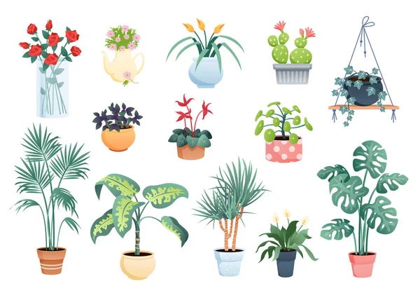 Casa plantas decoración del hogar vector ilustración conjunto, dibujos animados plantas en maceta plana y flores colección de plantas de interior aisladas en blanco — Archivo Imágenes Vectoriales