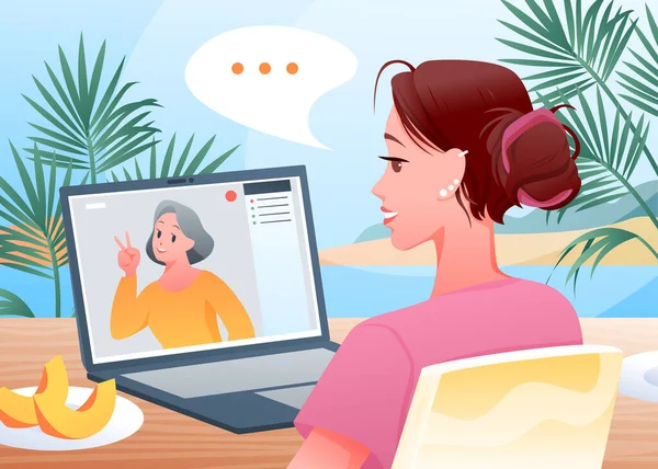 视频呼叫家庭，卡通人物快乐女性使用视频聊天应用技术背景 — 图库矢量图片