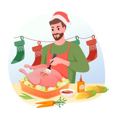 Adam akşam yemeği için geleneksel Noel hindisi pişiriyor, Mutlu Noeller ve kış tatilleri evde, düz çizgi film tarzı..