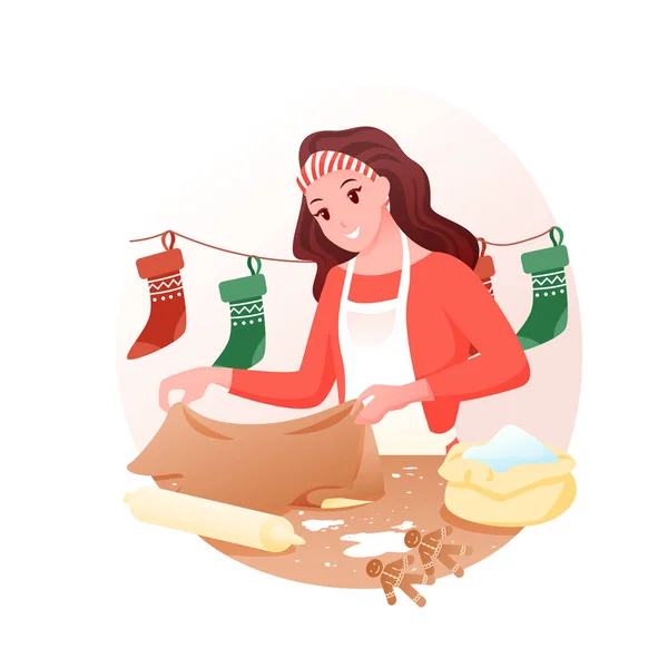 Giovane donna sta facendo biscotti allo zenzero fatti a mano, cottura di Natale, Buon Natale, vacanze invernali a casa. — Vettoriale Stock
