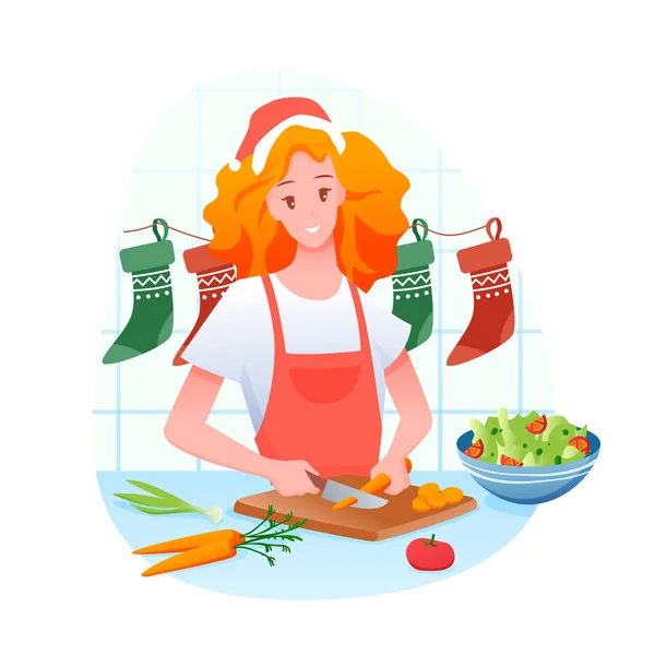 Donna illustrazione vettoriale sta cucinando la cena di Natale, Buon Natale e vacanze invernali a casa, stile fumetto piatto. — Vettoriale Stock