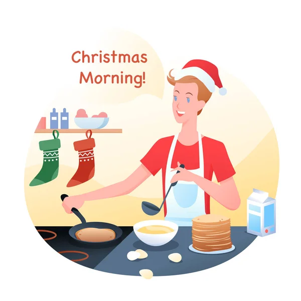 Vector Illustration von Kerl ist das Kochen von Pfannkuchen in Weihnachtsmütze, Winterurlaub zu Hause. Weihnachtsmorgen-Routine. — Stockvektor