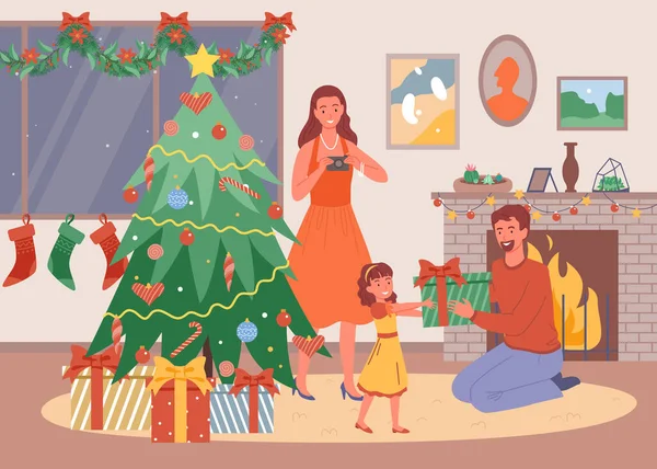 Ilustração do vetor da família feliz em casa, noite de Natal, filha dá ao pai um presente, pais felizes e criança celebram o Natal em casa. —  Vetores de Stock