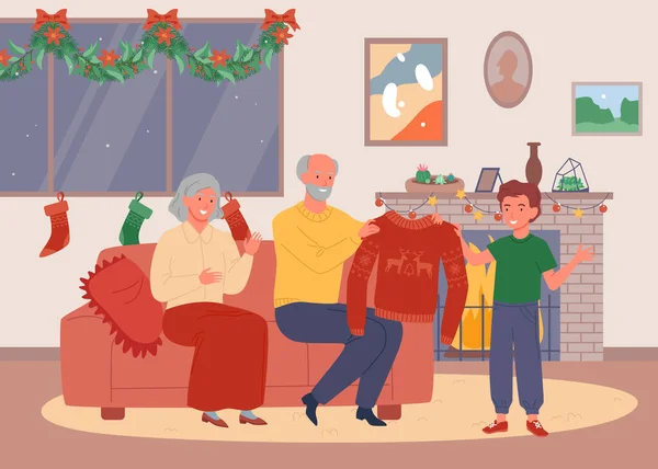 Julafton hemma hos morföräldrar. Glad familj firar vinterlov. Söt mormor och morfar ger en ful tröja. — Stock vektor